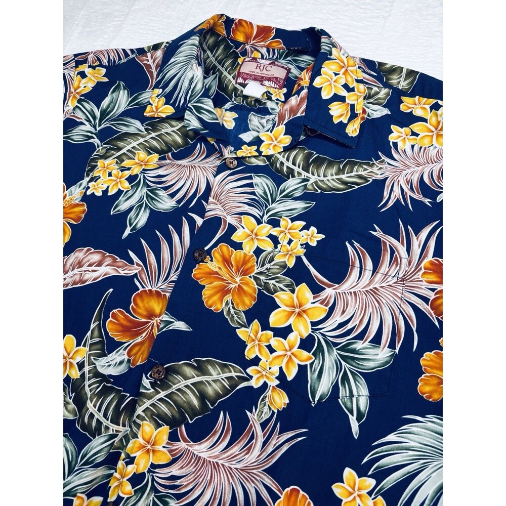 Vintage RJC Hawaiian Shirt 2XL Blue Floral Hibiscus Plumeria Made in USA Hawaii